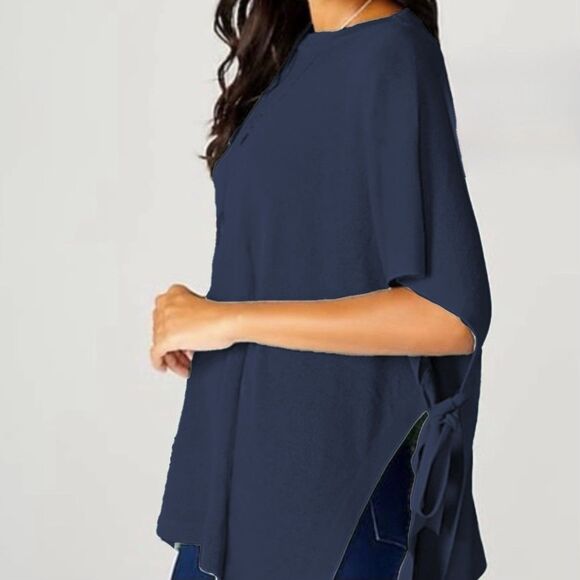 J Jill Linen Side-tie Sweater Poncho Navy Blue Knit One Size - Picture 2 of 6